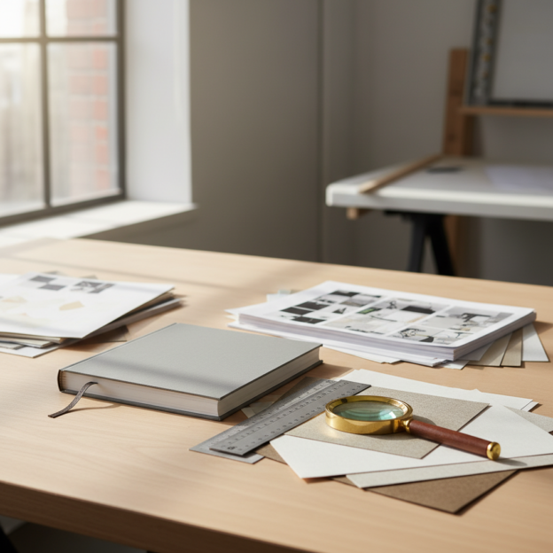 Een proefboek ligt naast papiermonsters, drukvellen en meetgereedschap op een werktafel.