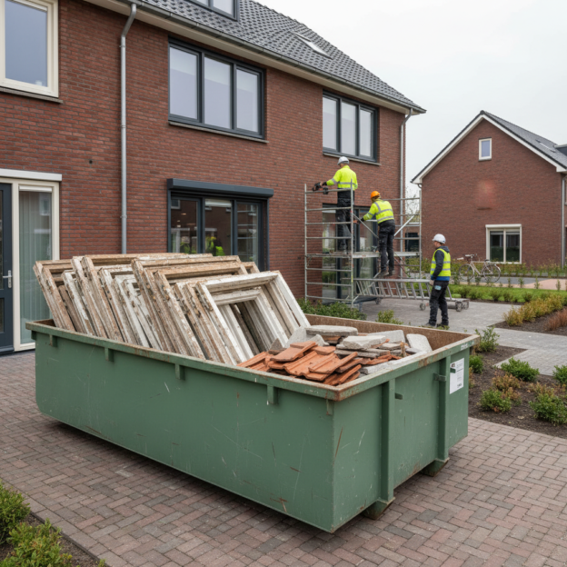 Een container met oude kozijnen en bouwafval staat naast een woning waar de gevel wordt gerenoveerd.